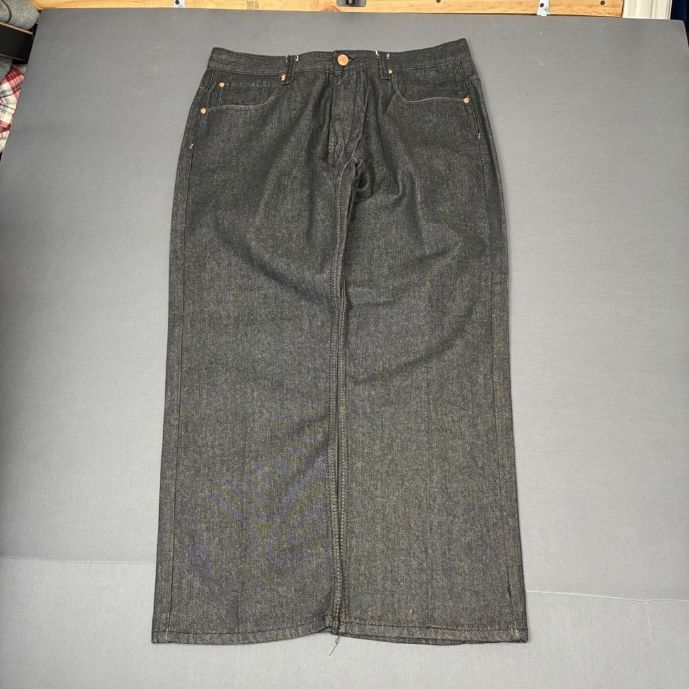 King Maker Men's Grunge Wide Leg Embroidered Flap Black Jeans (36x29)